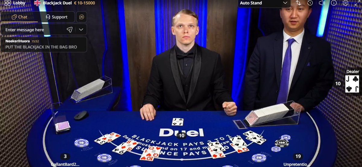 Duel.com live blackjack table with two dealers in formal suits during a stream
