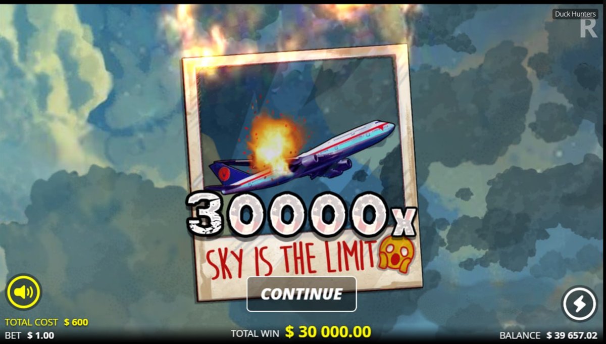 Duck Hunters max win screen reading 30000x Sky Is The Limit, total win 30,000.00 dollars on a 1.00 dollar bet, balance 39,657.02 dollars