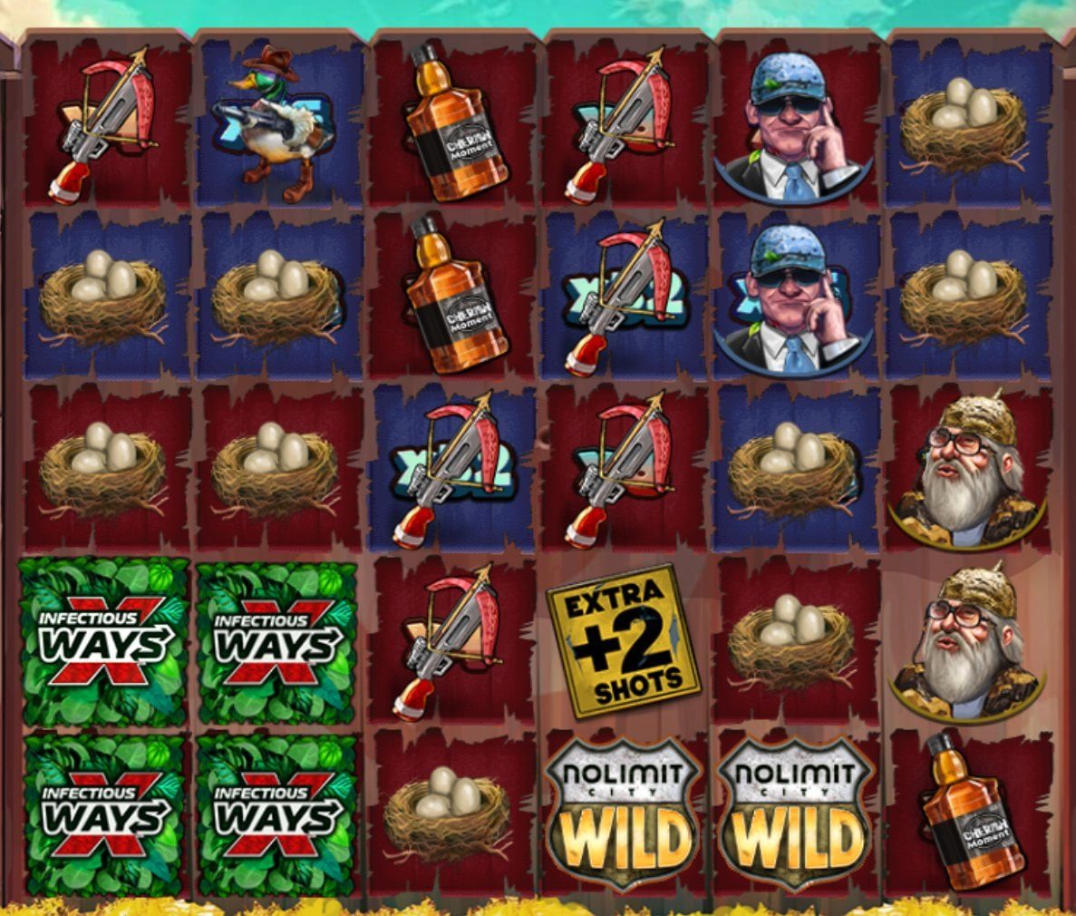 Duck Hunters slot by No Limit City during a bonus round at Kingz Casino, showing Infectious Ways symbols and an Extra +2 Shots tile