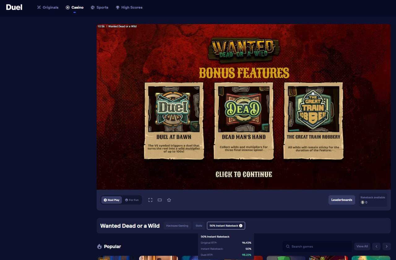 Duel.com rakeback tooltip on Wanted Dead or a Wild showing original RTP 96.43 percent, 50 percent instant rakeback and an effective Duel RTP of 98.22 percent