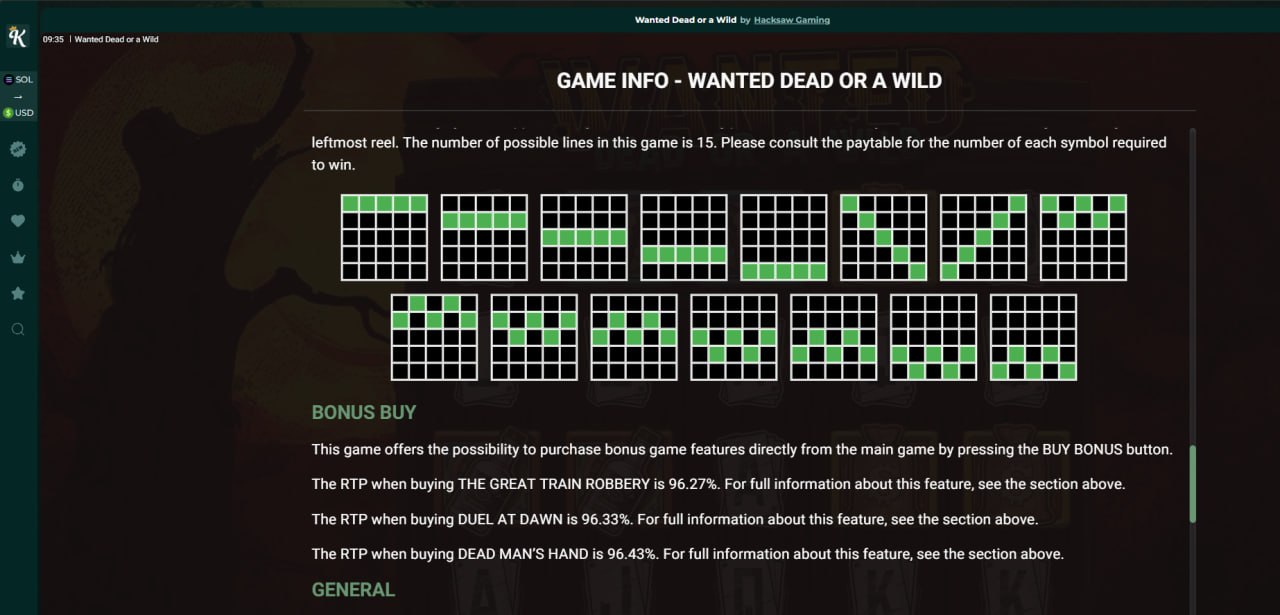 Kingz Casino game info screen for Wanted Dead or a Wild showing bonus buy RTP of 96.27 percent, 96.33 percent and 96.43 percent