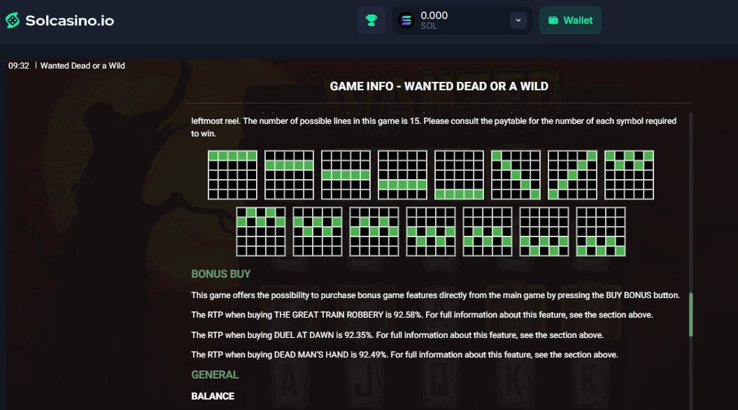Solcasino.io game info screen for Wanted Dead or a Wild showing bonus buy RTP of 92.58 percent, 92.35 percent and 92.49 percent