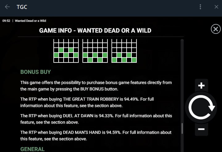 TGC Telegram Casino game info screen for Wanted Dead or a Wild showing bonus buy RTP of 94.49 percent, 94.33 percent and 94.59 percent